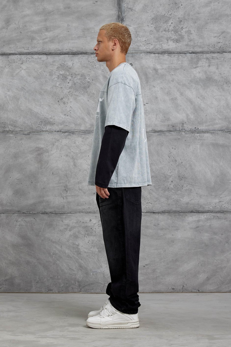 Gri Wade Baskılı Yıkamalı Parça Kollu Oversize Sweatshirt