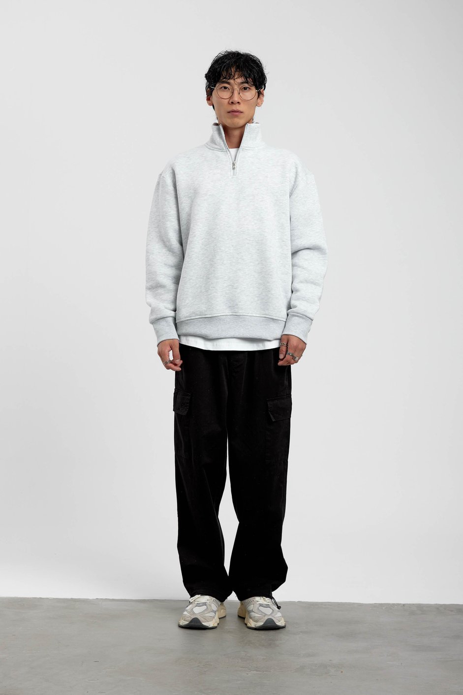 Gri Yakası Fermuarlı Basic Şardonlu Sweatshirt