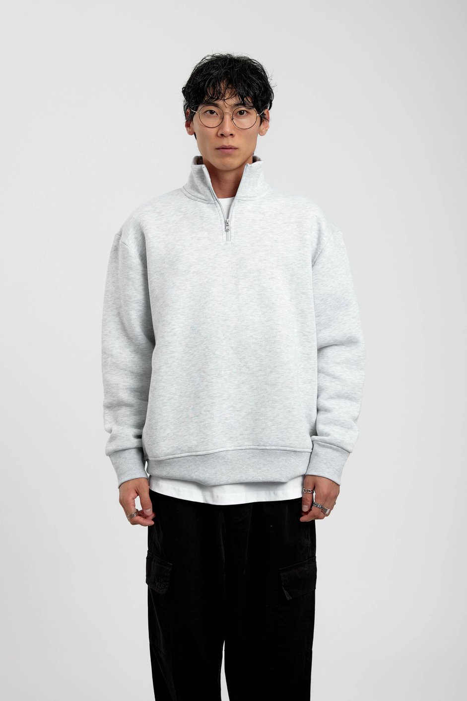 Gri Yakası Fermuarlı Basic Şardonlu Sweatshirt