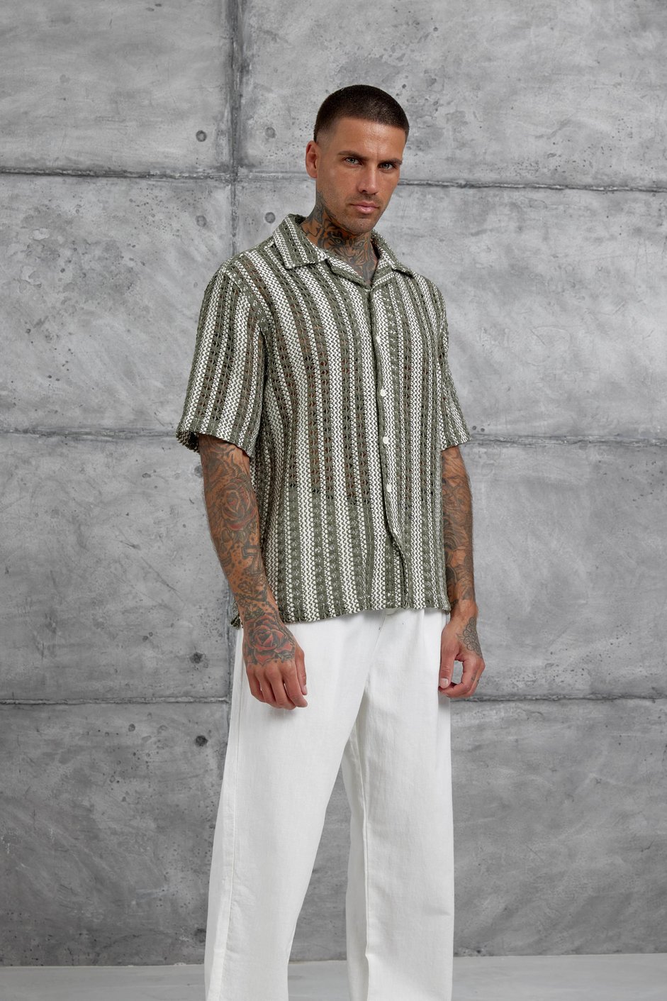Haki Ekru Örme Oversize Gömlek