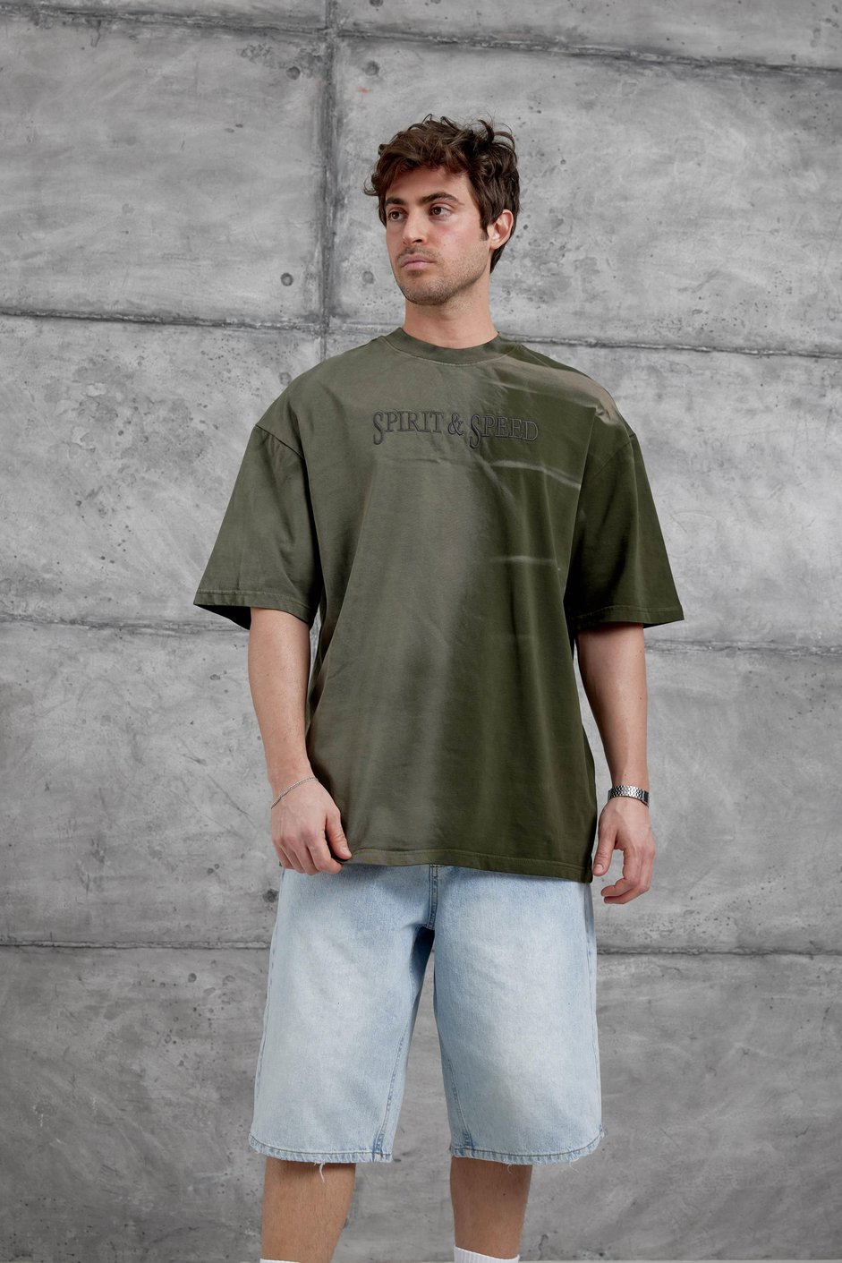 Haki Spirit&Speed Yazılı Yıkamalı Oversize Tshirt
