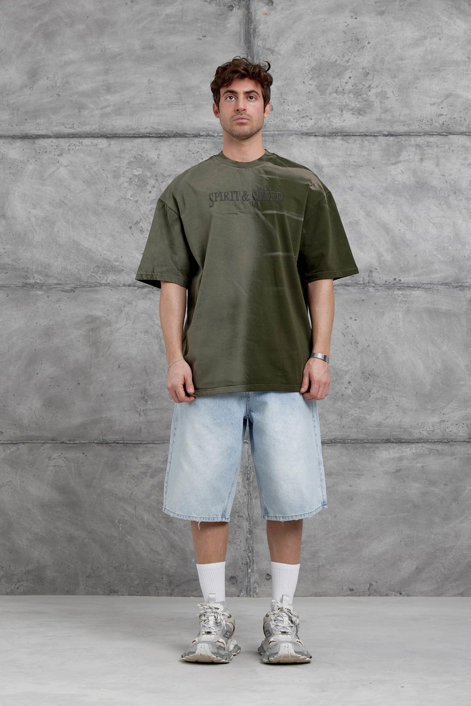 Haki Spirit&Speed Yazılı Yıkamalı Oversize Tshirt