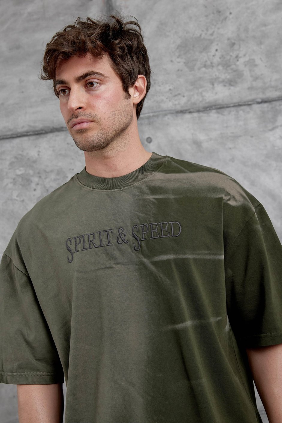 Haki Spirit&Speed Yazılı Yıkamalı Oversize Tshirt