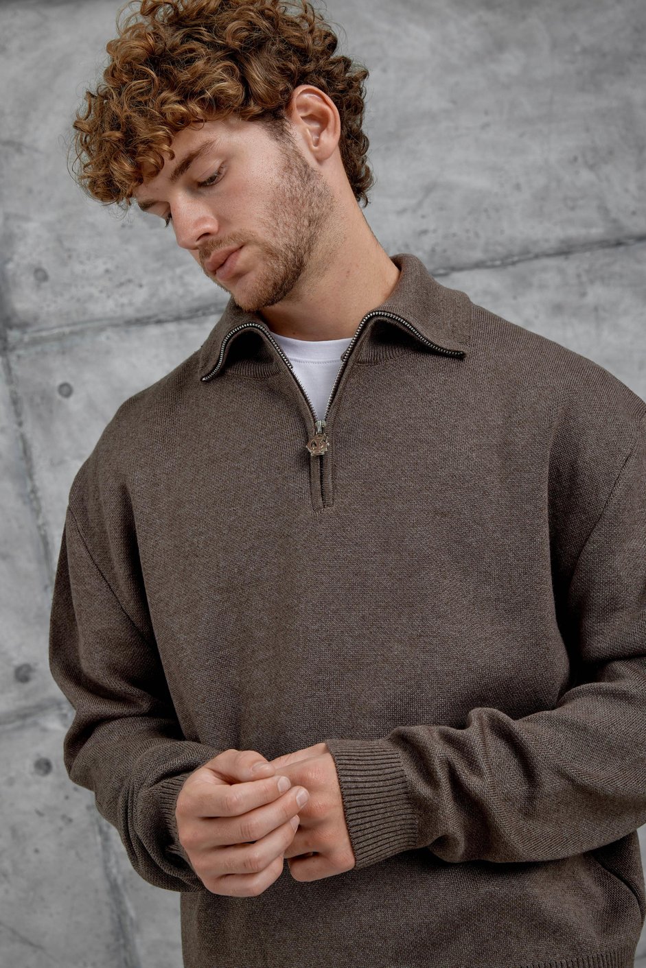 Kahverengi Gst Yarım Fermuarlı Oversize Triko