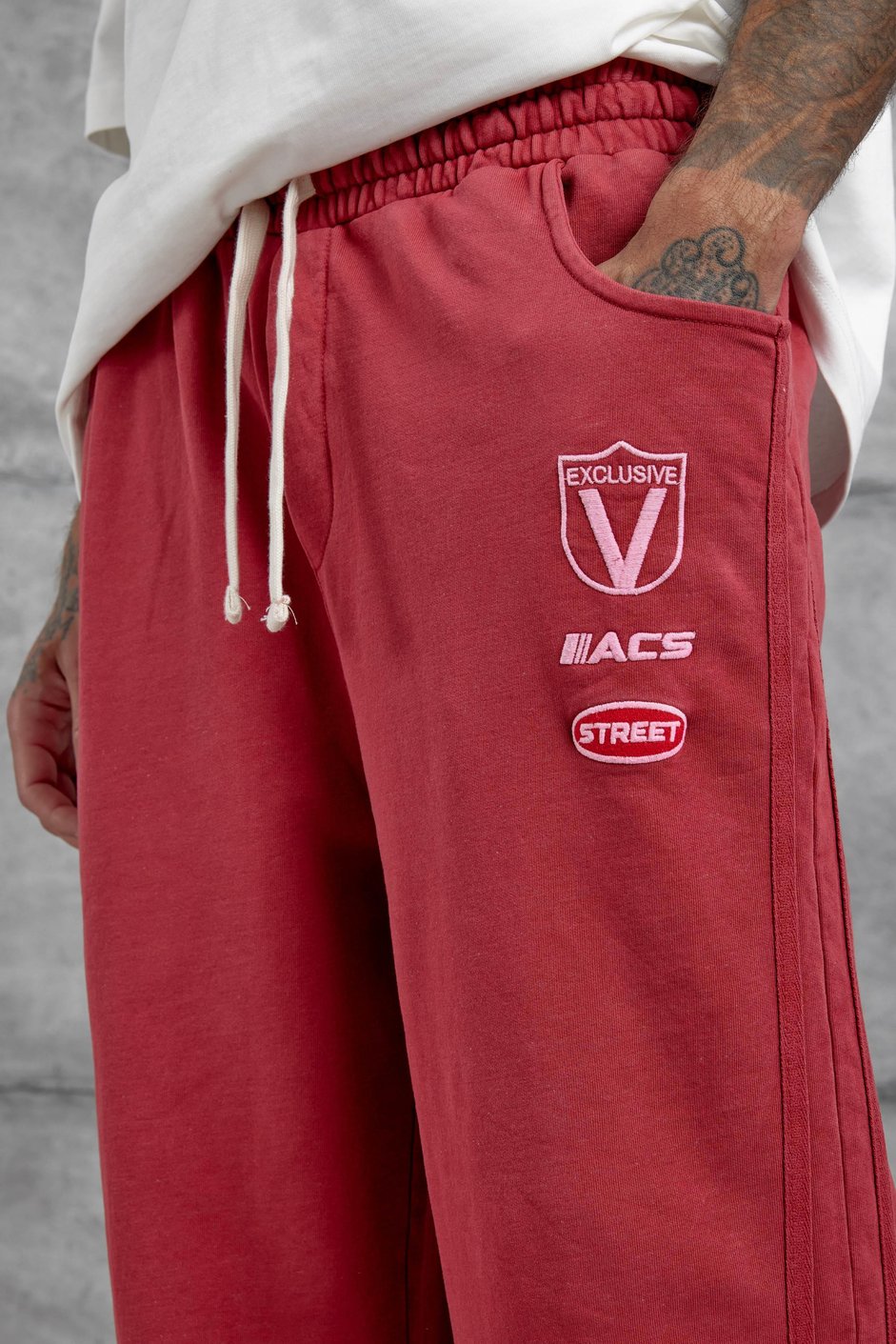 Kırmızı Acs Street Yazılı Yıkamalı Baggy Eşofman Altı