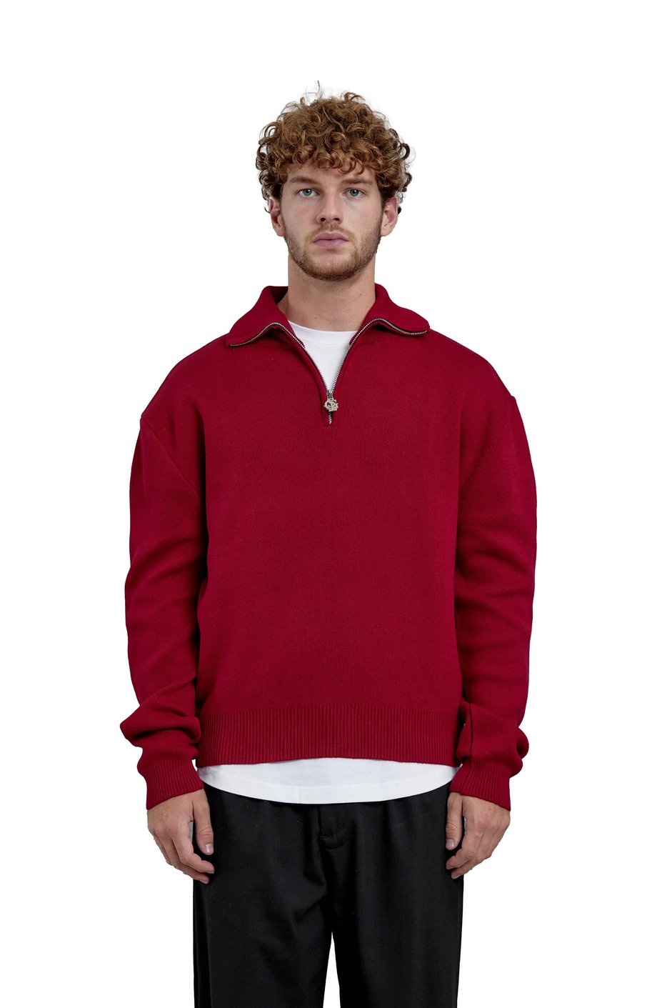 Kırmızı Gst Yarım Fermuarlı Oversize Triko