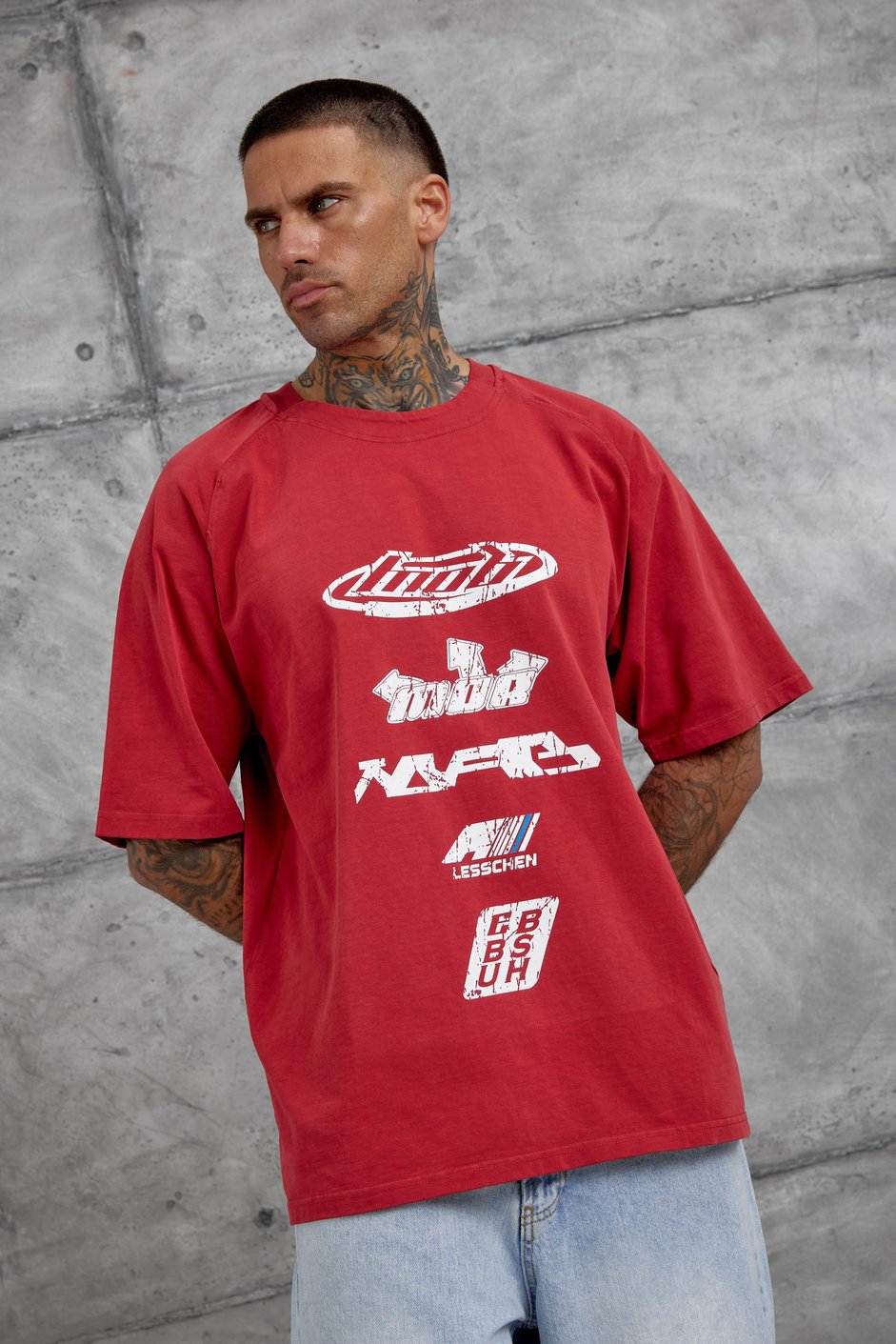 Kırmızı Lesschen Baskılı Yıkamalı Oversize Tshirt