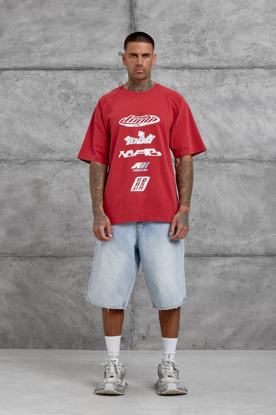 Kırmızı Lesschen Baskılı Yıkamalı Oversize Tshirt
