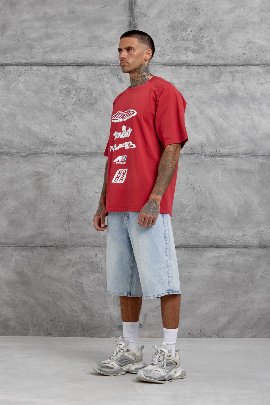 Kırmızı Lesschen Baskılı Yıkamalı Oversize Tshirt