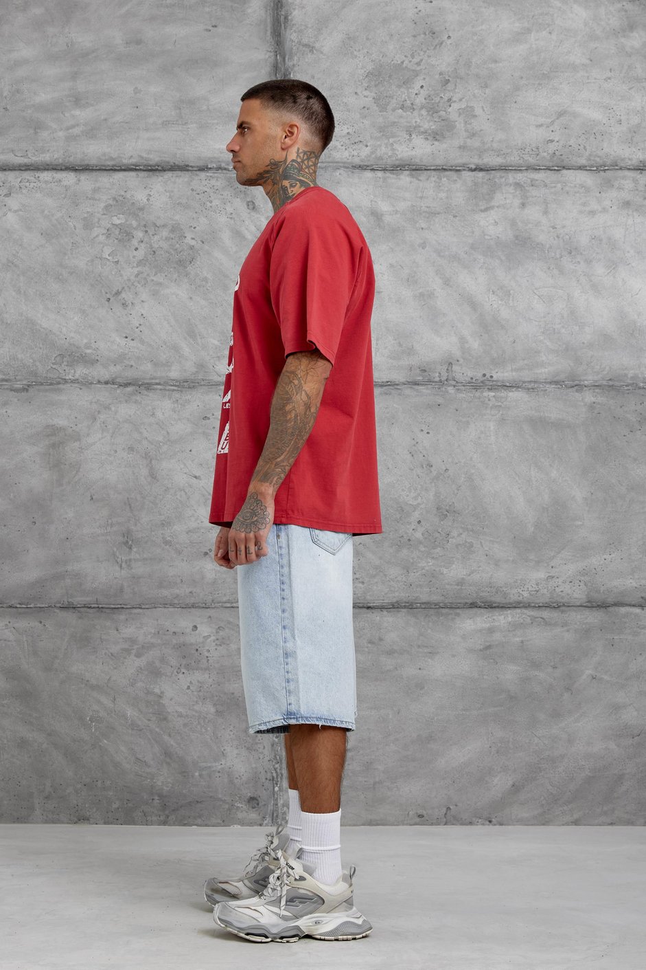 Kırmızı Lesschen Baskılı Yıkamalı Oversize Tshirt
