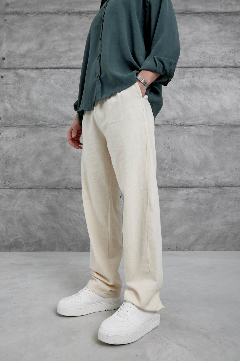 Krem Baggy Kalıp Gabardin Pantolon