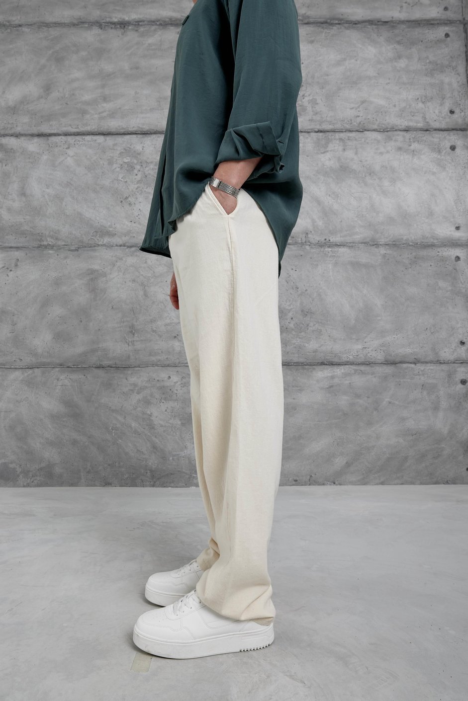 Krem Baggy Kalıp Gabardin Pantolon