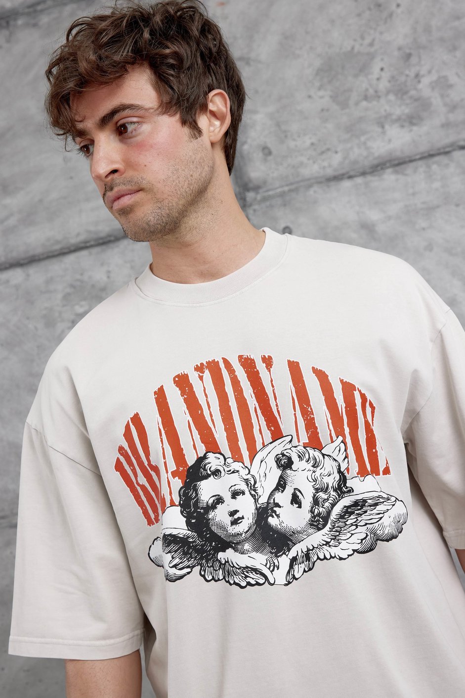 Krem Brandname Yazılı Yıkamalı Oversize Tshirt