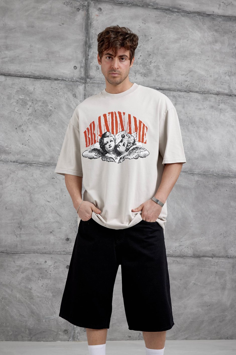 Krem Brandname Yazılı Yıkamalı Oversize Tshirt