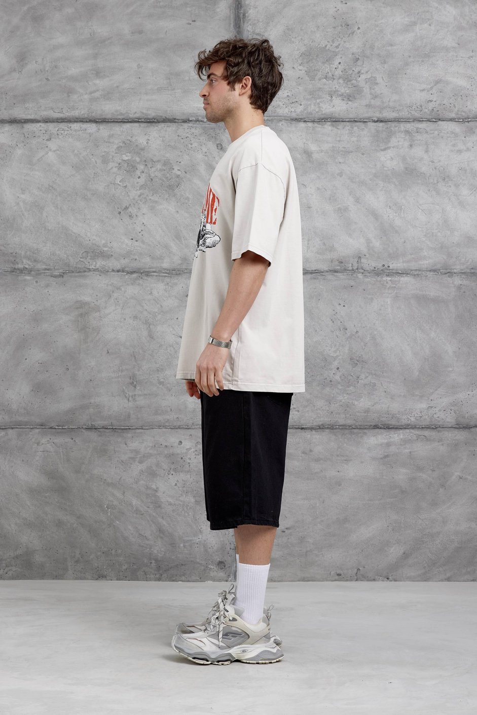 Krem Brandname Yazılı Yıkamalı Oversize Tshirt