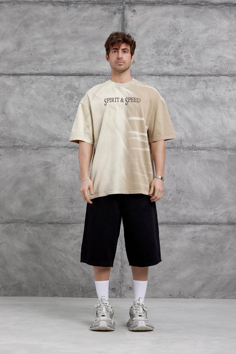 Krem Spirit&Speed Yazılı Yıkamalı Oversize Tshirt