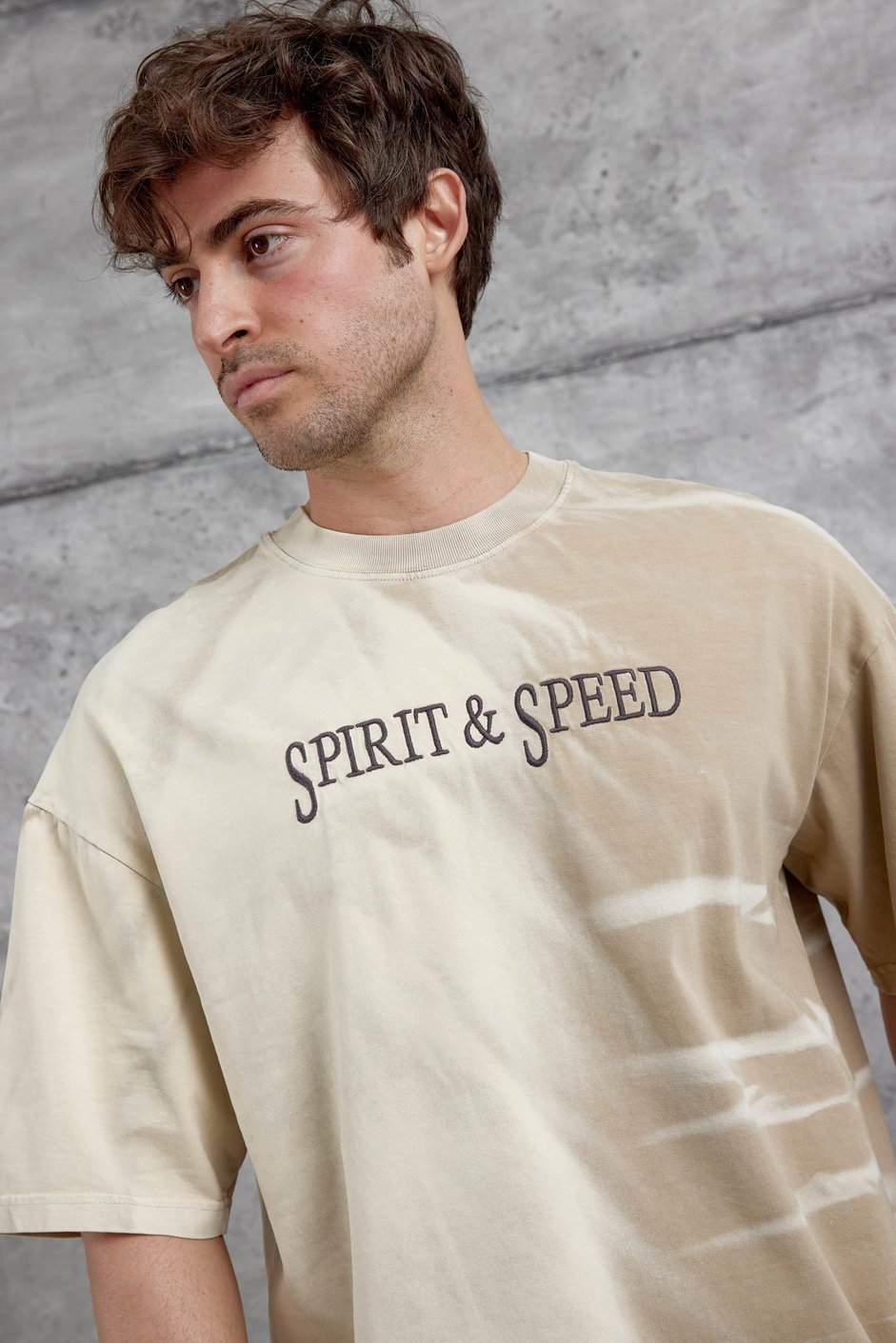 Krem Spirit&Speed Yazılı Yıkamalı Oversize Tshirt