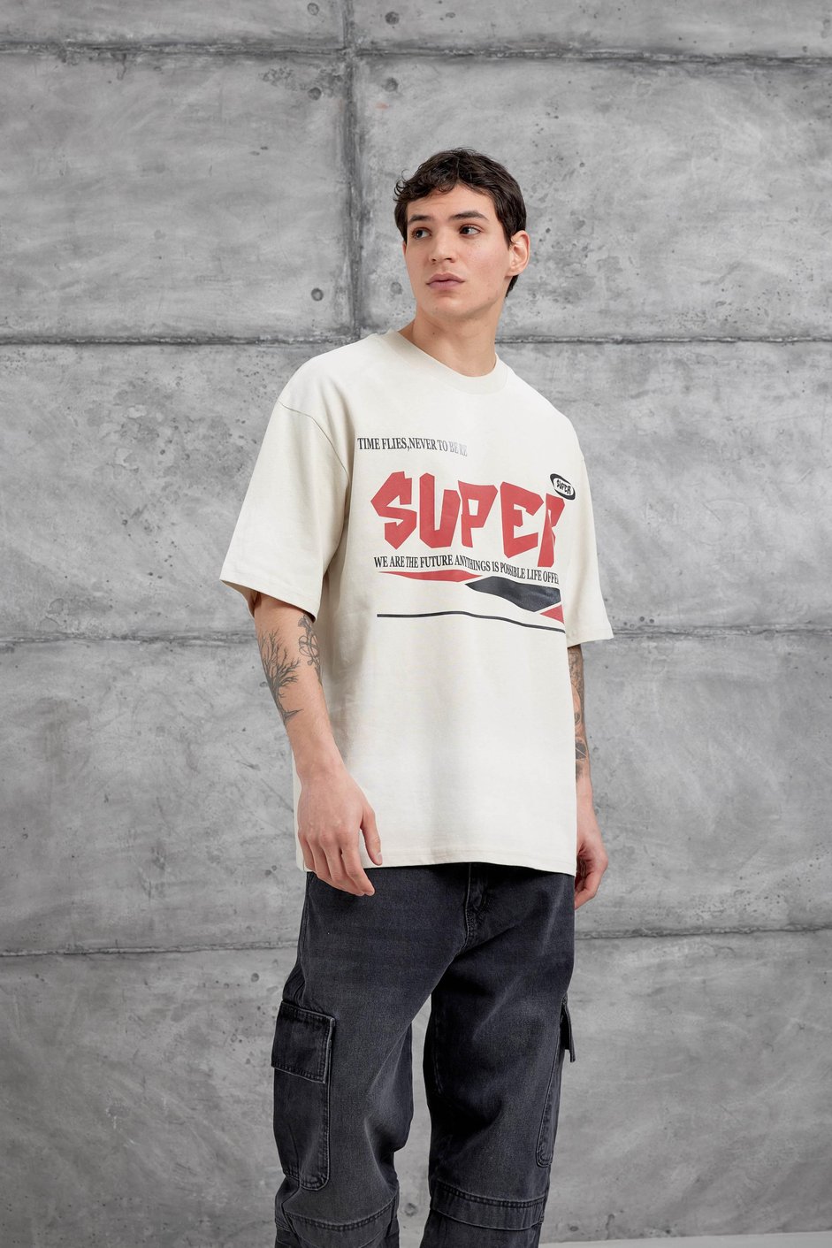 Krem Super Yazılı Oversize Tshirt