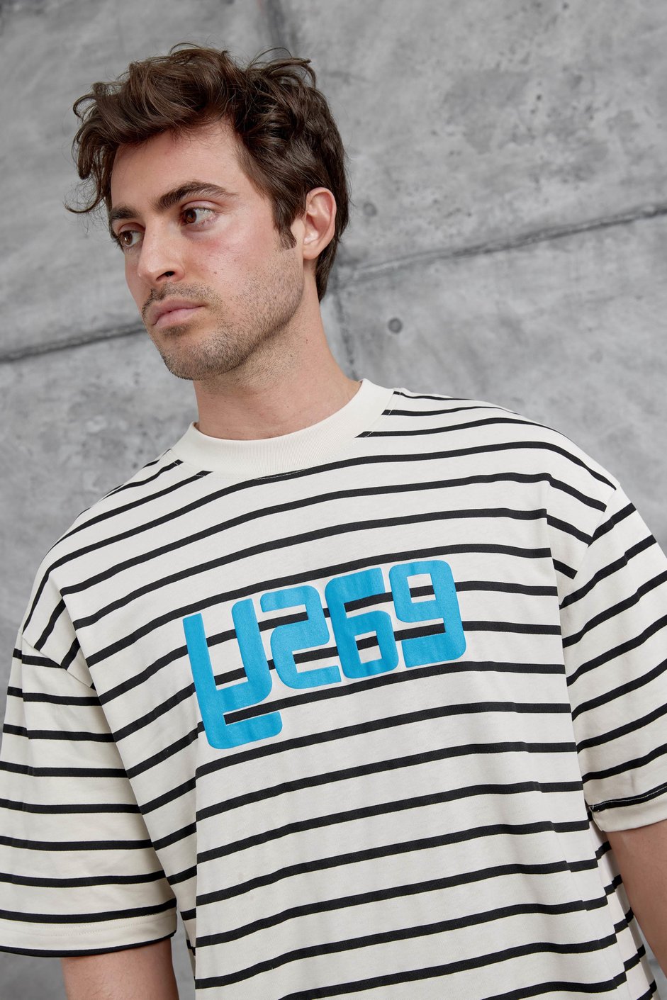 Krem Y269 Baskılı ve Çizgili Oversize Tshirt