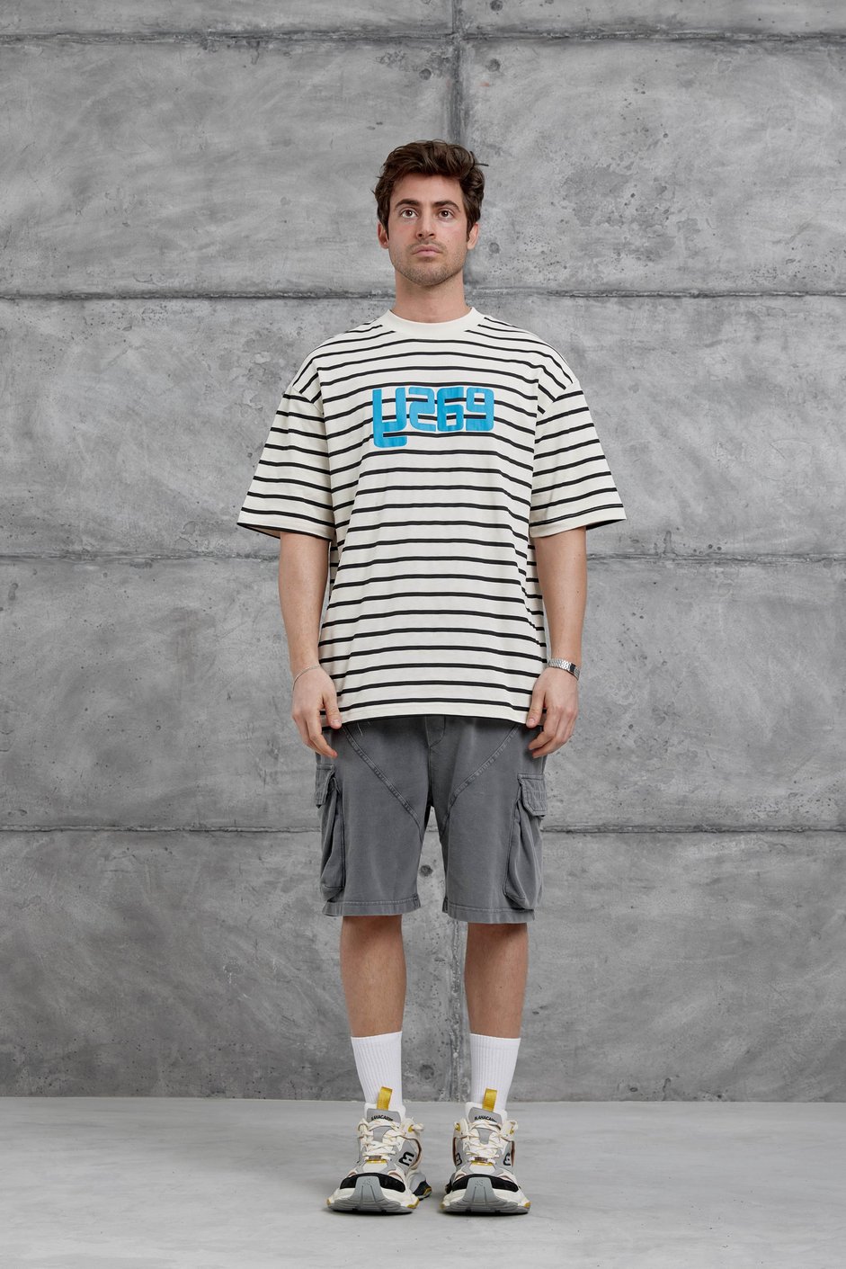Krem Y269 Baskılı ve Çizgili Oversize Tshirt