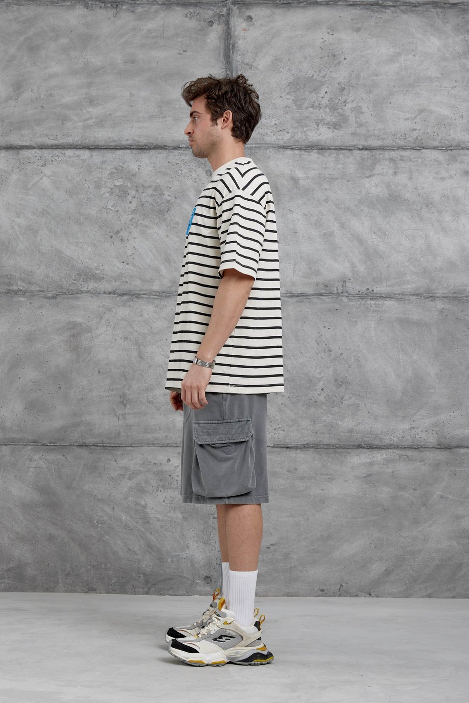 Krem Y269 Baskılı ve Çizgili Oversize Tshirt
