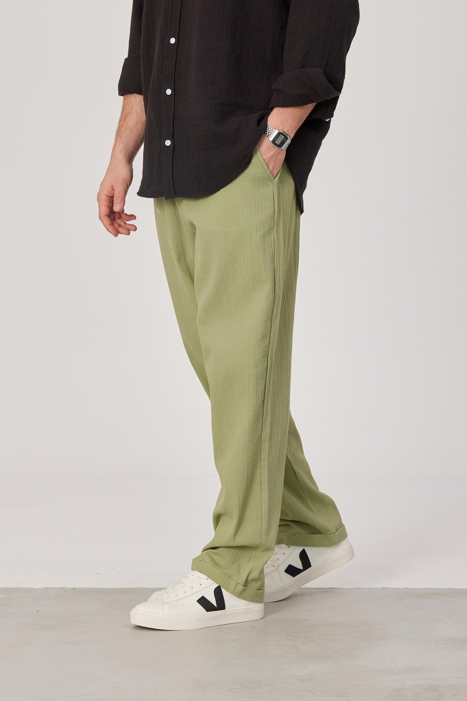 Krinkıl Kumaş Yeşil Pantolon