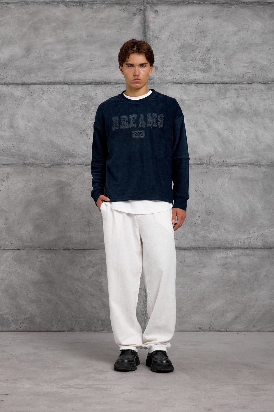 Lacivert DREAMS BASKI DOKUMA KUMAŞ OVERSIZE SWEATSHIRT