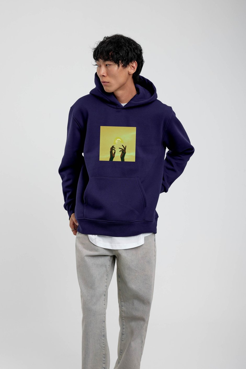 Lacivert El Baskılı Kapüşonlu Sweatshirt