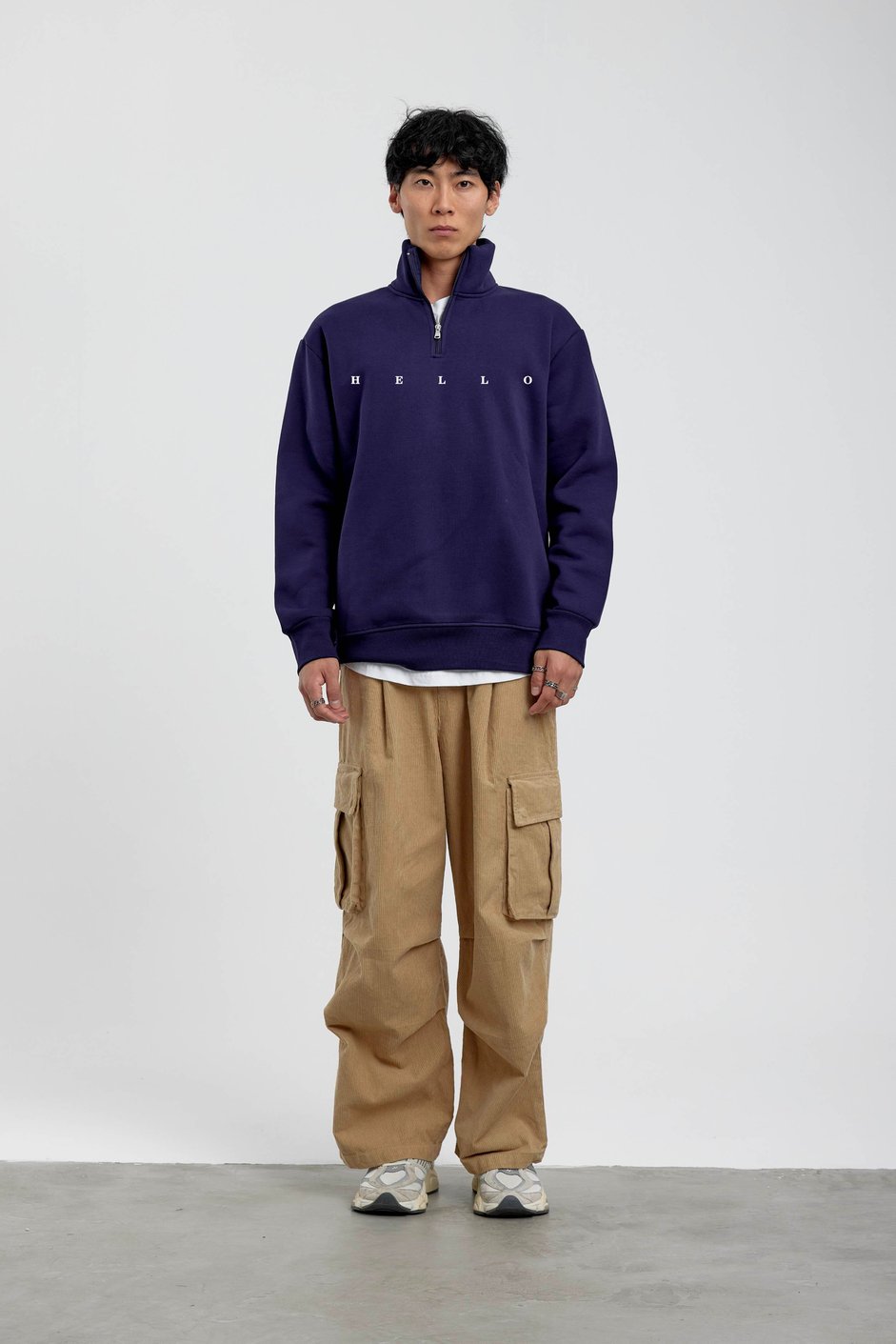 Lacivert Hello Yazılı Yarım Fermuarlı Sweatshirt