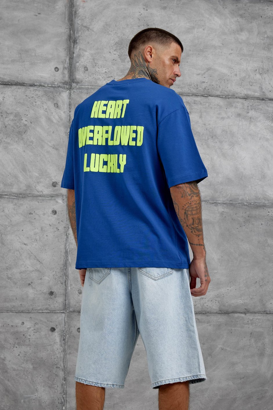 Lacivert Kalp Küpür Baskılı Oversize Tshirt
