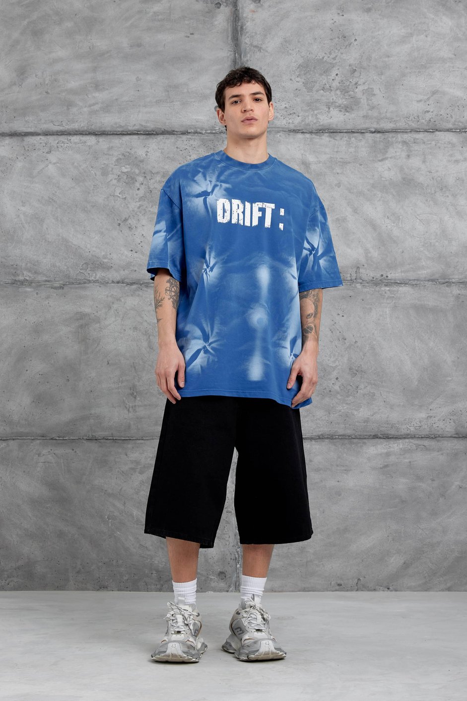 Mavi Drift Yazılı Yıkamalı Oversize Tshirt