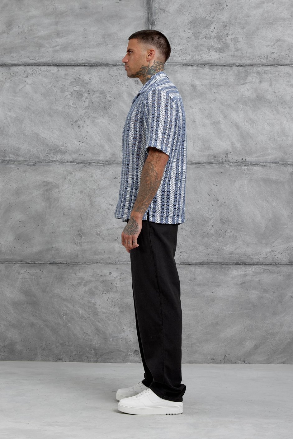 Mavi Ekru Örme Oversize Gömlek