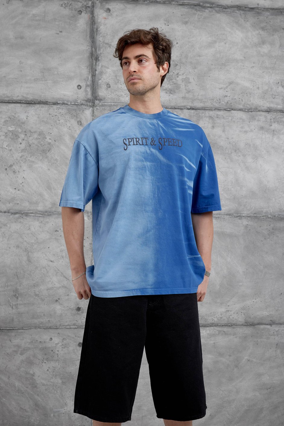 Mavi Spirit&Speed Yazılı Yıkamalı Oversize Tshirt