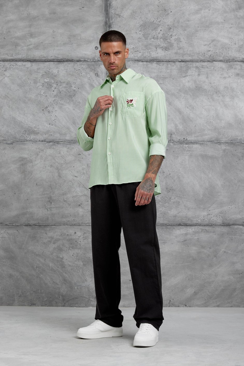 Mint Yeşili Çizgili Modal Kumaş Oversize Gömlek
