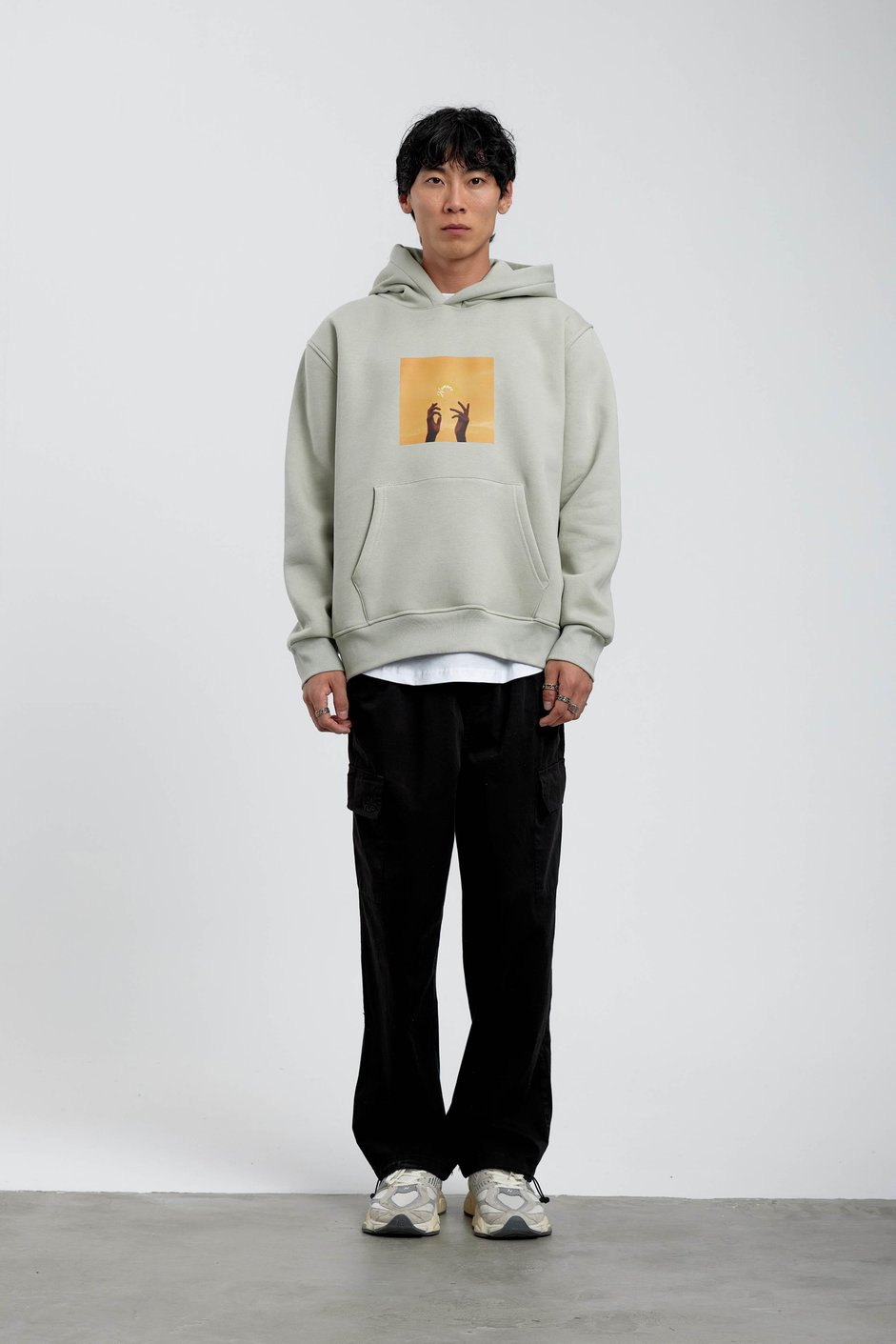 Mint Yeşili El Baskılı Kapüşonlu Sweatshirt