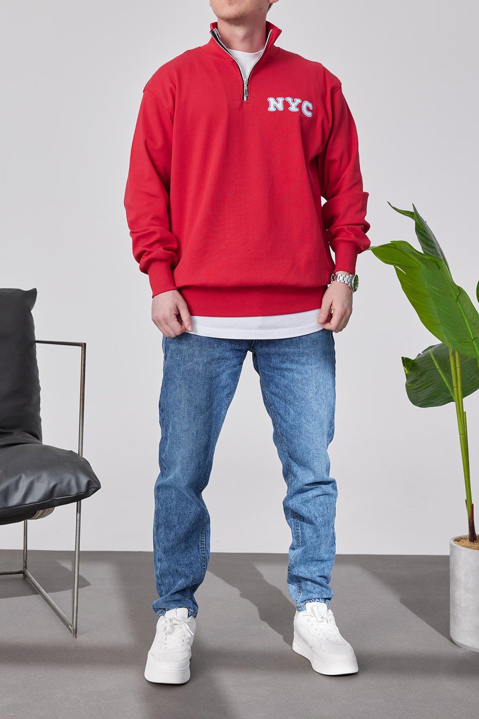NYC Yakası Fermuarlı Kırmızı Sweatshirt