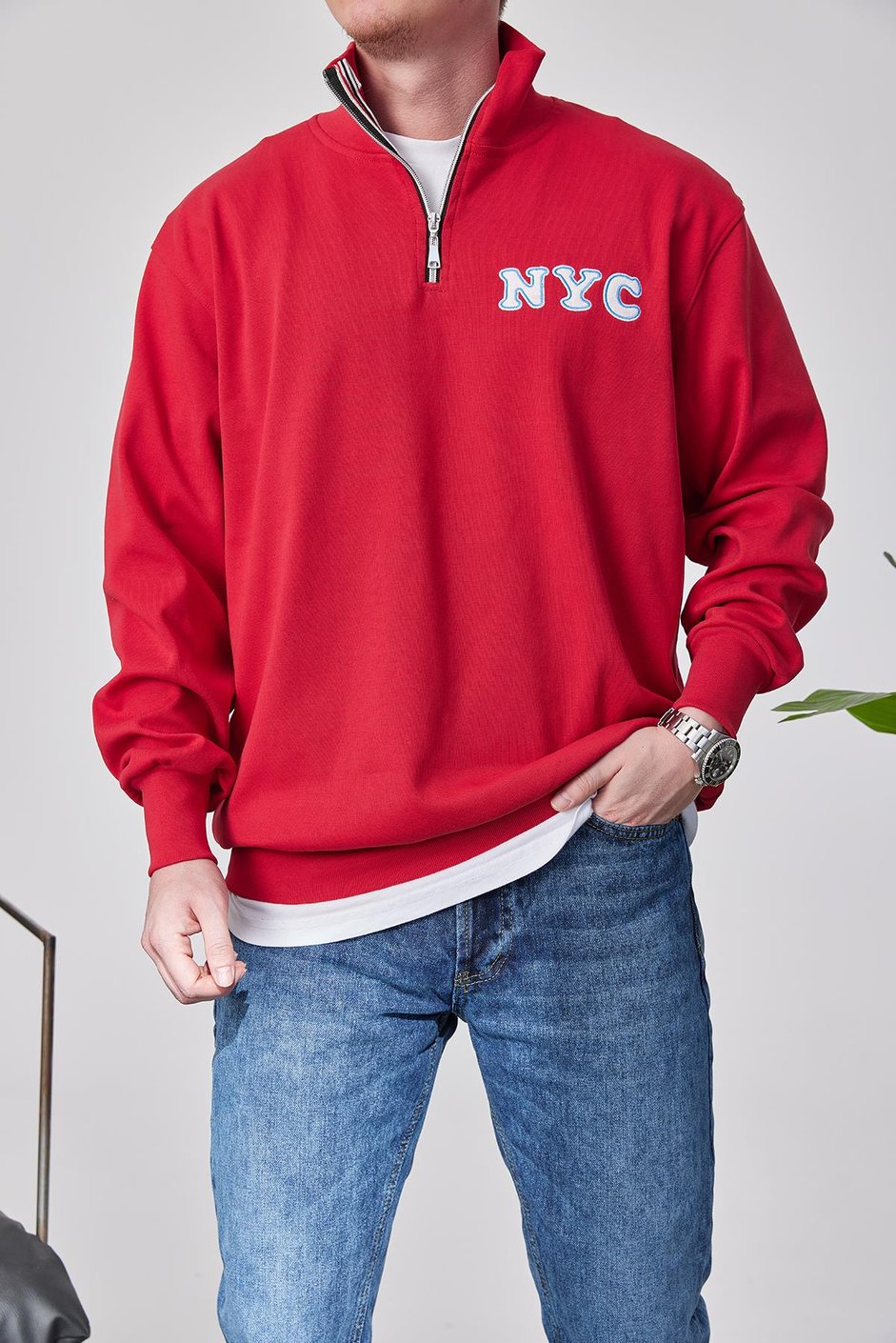 NYC Yakası Fermuarlı Kırmızı Sweatshirt