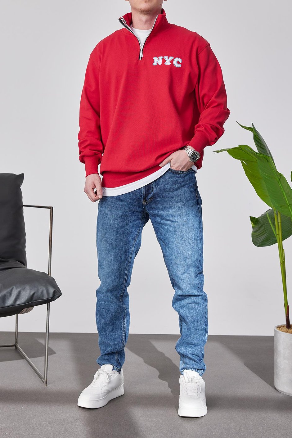 NYC Yakası Fermuarlı Kırmızı Sweatshirt