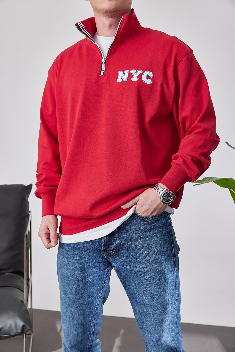 NYC Yakası Fermuarlı Kırmızı Sweatshirt