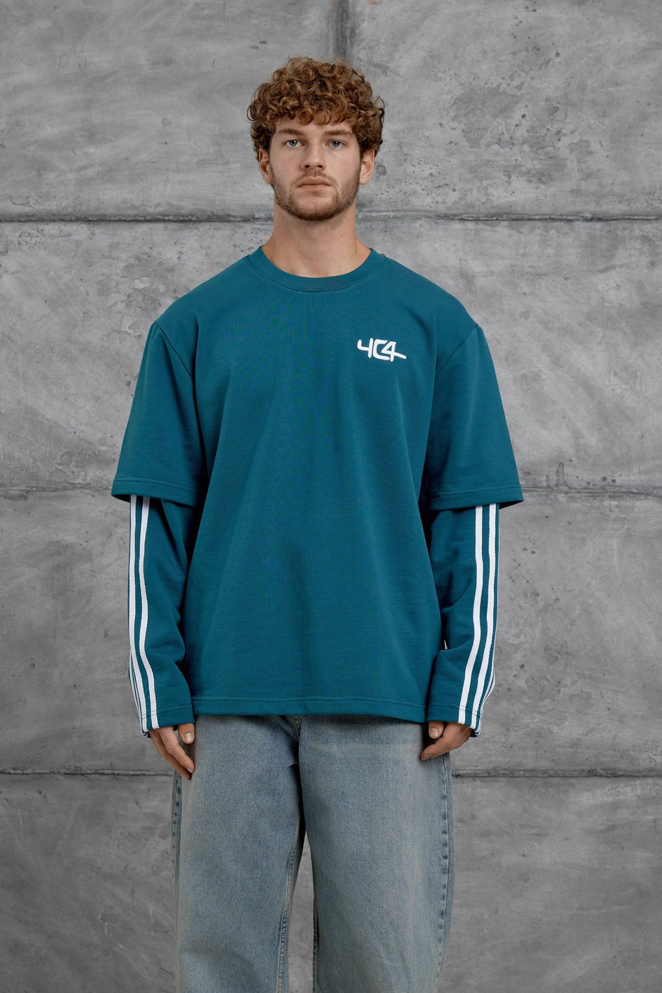 Petrol Mavisi Yc4 Oversize Kolu Parçalı  Şerit Detaylı  Sweatshirt