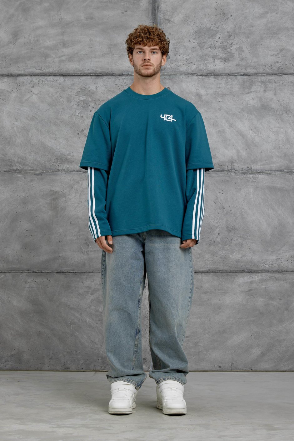Petrol Mavisi Yc4 Oversize Kolu Parçalı  Şerit Detaylı  Sweatshirt