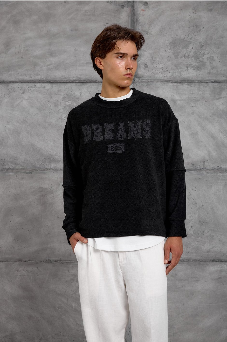 Siyah DREAMS BASKI DOKUMA KUMAŞ OVERSIZE SWEATSHIRT