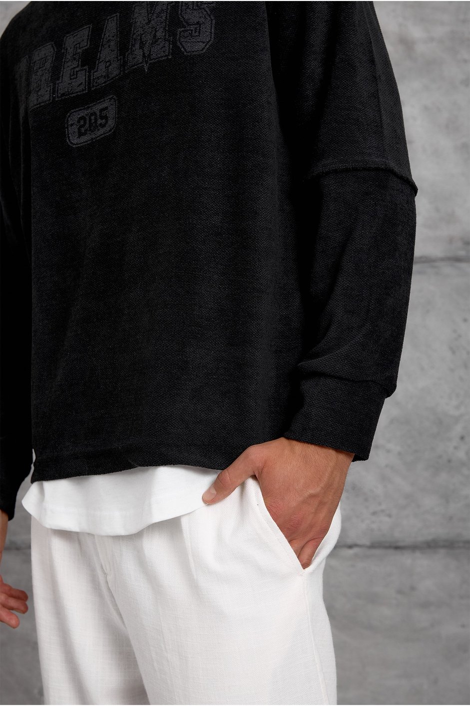 Siyah DREAMS BASKI DOKUMA KUMAŞ OVERSIZE SWEATSHIRT