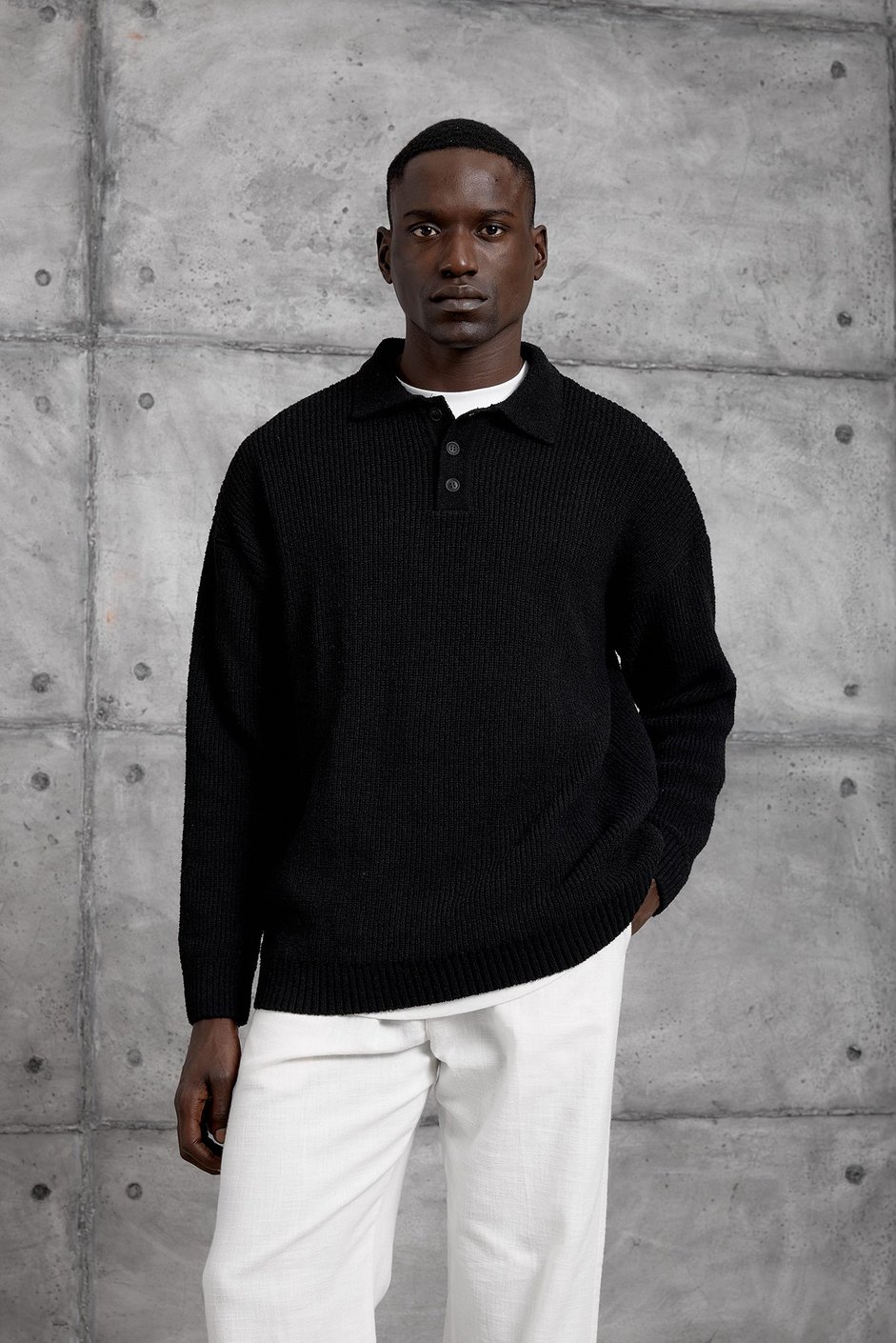 Siyah DÜĞMELİ POLO YAKA TRİKO SWEATSHIRT