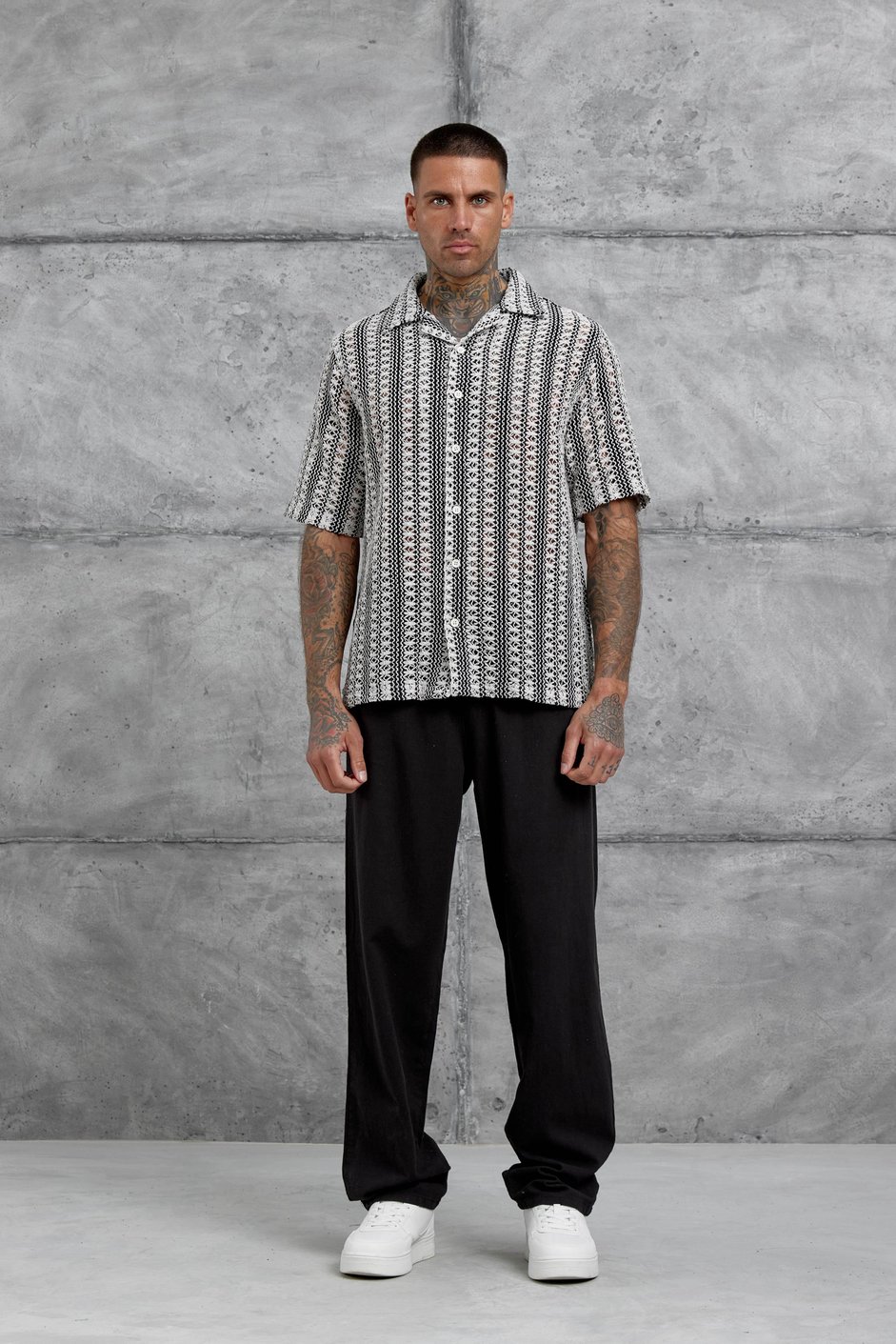 Siyah Ekru Örme Oversize Gömlek