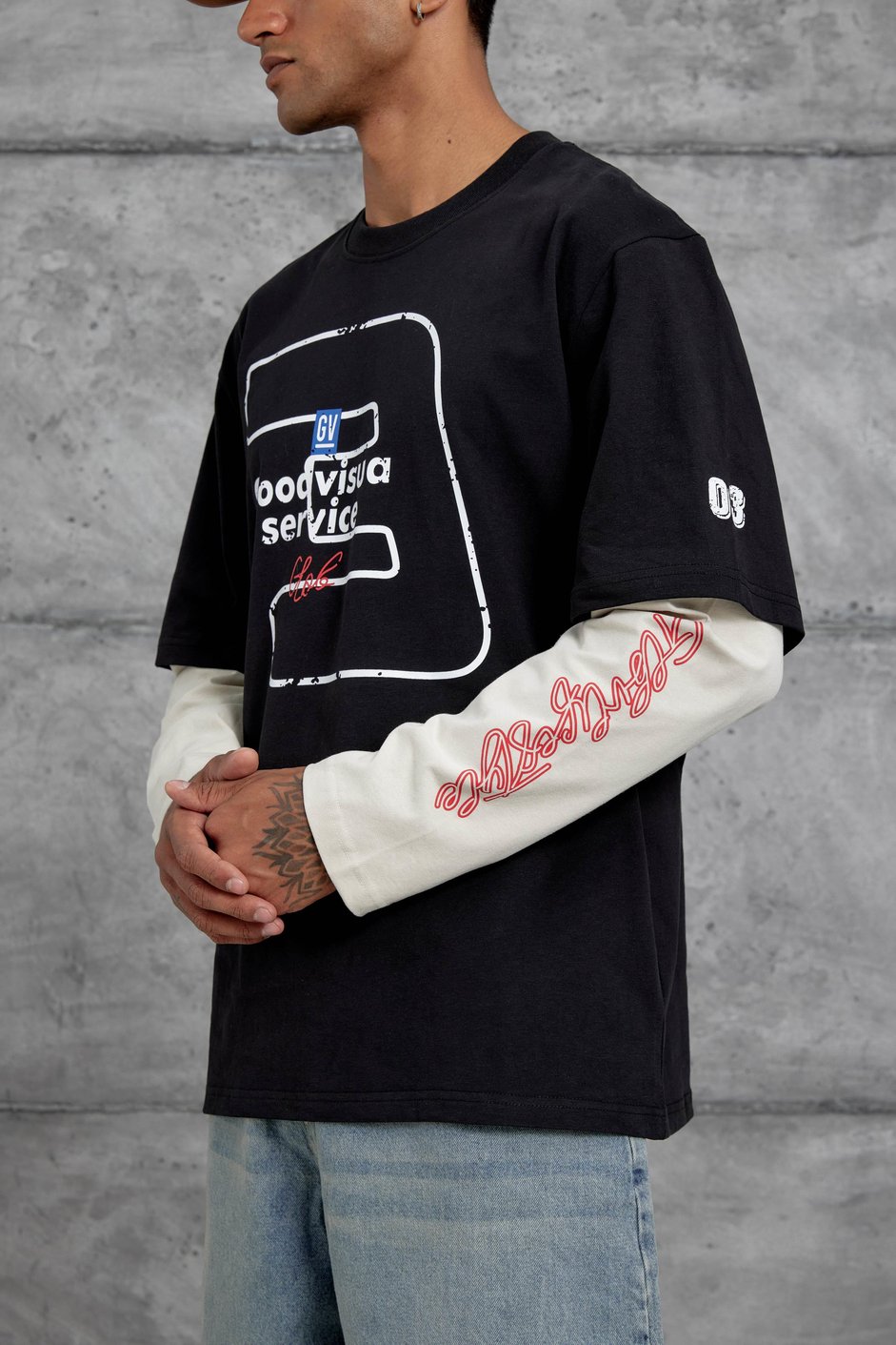 Siyah Goodvision Baskılı  Oversize Kolu Parçalı Tasarım Sweatshirt
