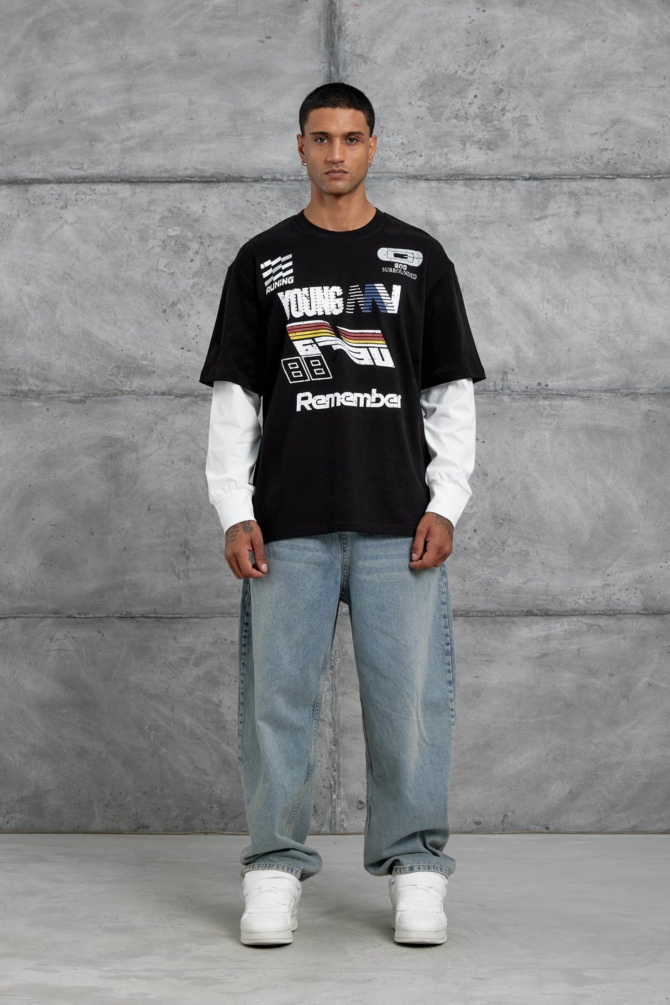 Siyah Remember Baskılı Oversize Kolu Parçalı  Minimal Tasarım Sweatshirt