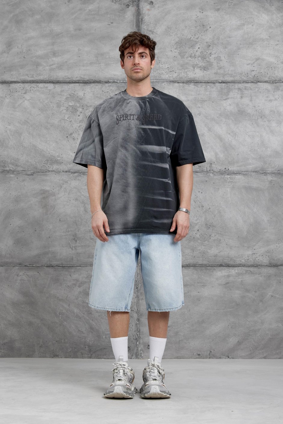 Siyah Spirit&Speed Yazılı Yıkamalı Oversize Tshirt