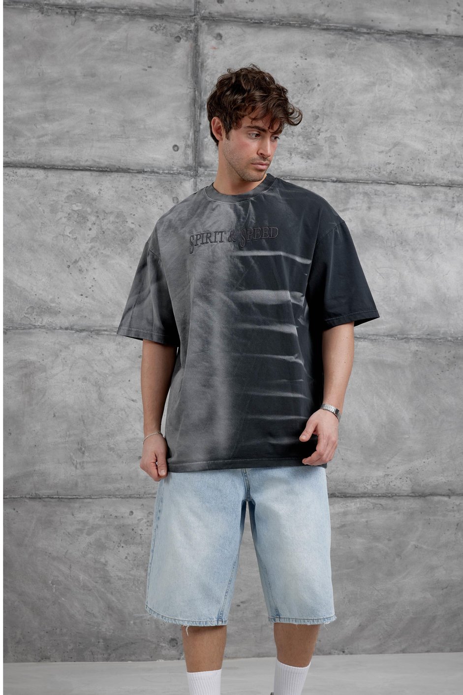 Siyah Spirit&Speed Yazılı Yıkamalı Oversize Tshirt