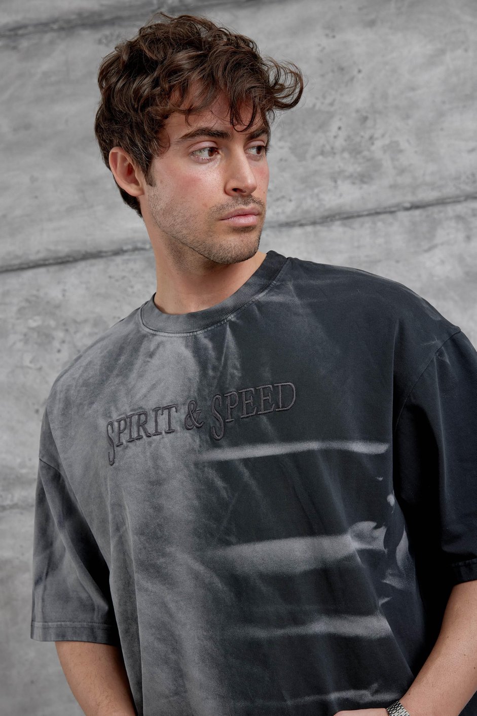 Siyah Spirit&Speed Yazılı Yıkamalı Oversize Tshirt